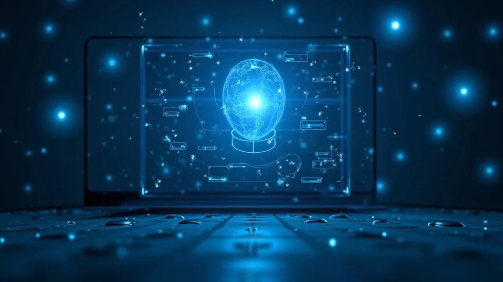 The image shows a laptop displaying a webpage with glowing icons and text about finding affordable website hosting reviews.